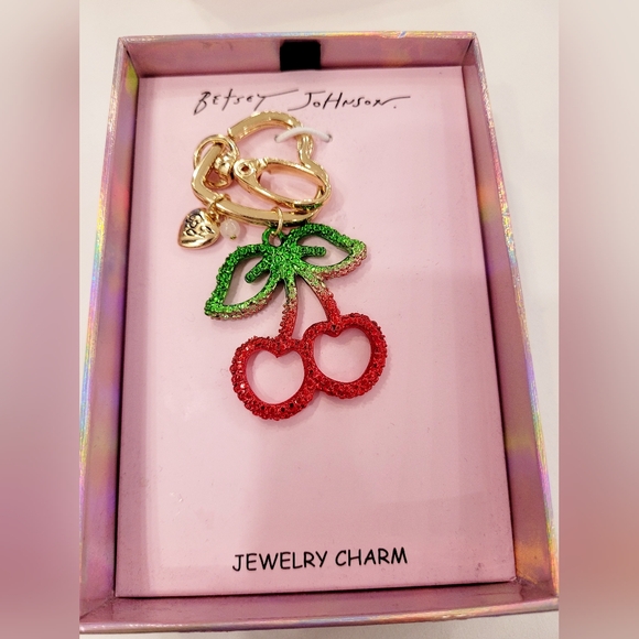 Betsey Johnson Accessories - Betsey Johnson Red & Green Crystal Cherry Keychain Charm